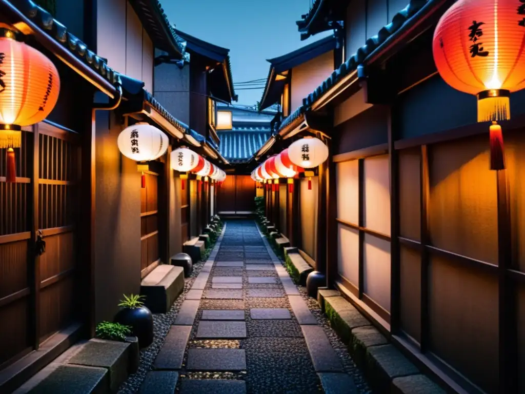 Dimly lit back alley in Tokyo con tradicionales linternas japonesas iluminando el suelo, yakuza en silueta