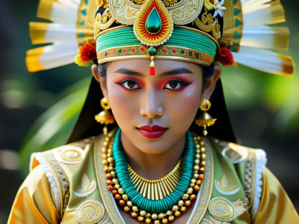 Un traje ceremonial de los dioses en Bali, con bordados dorados y colores vibrantes que simbolizan la rica herencia cultural de Bali