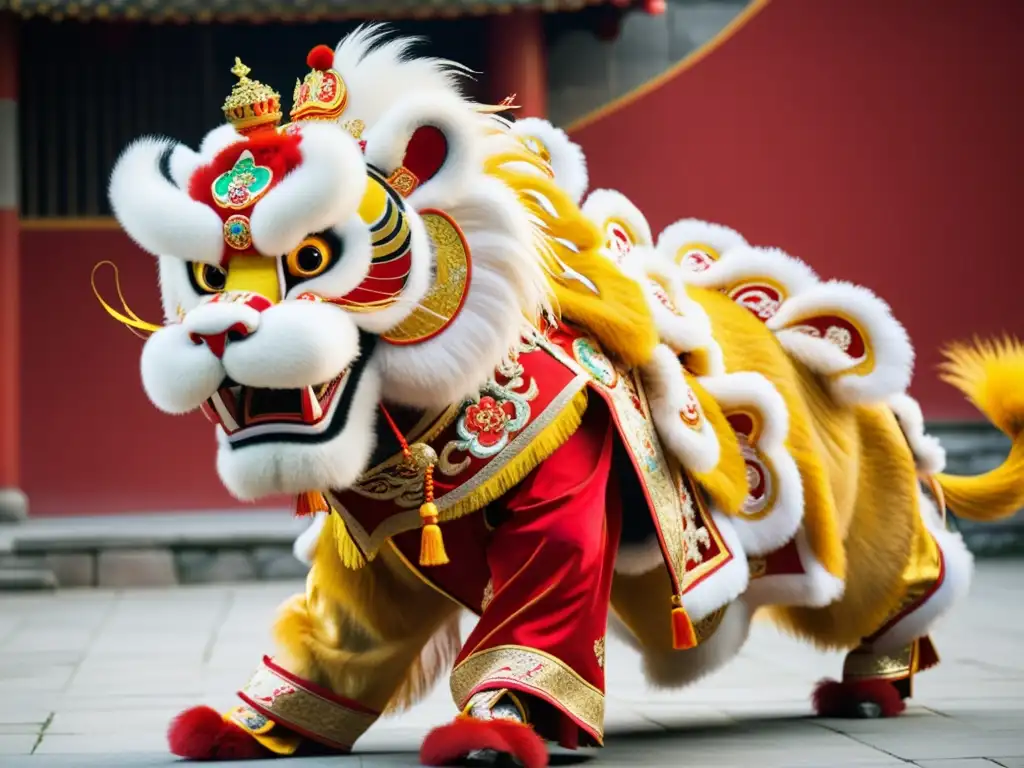 Un traje de Danza del León estilo Kung Fu, con detalles dorados y rojos, gira grácilmente en el aire mientras el bailarín salta con fuerza