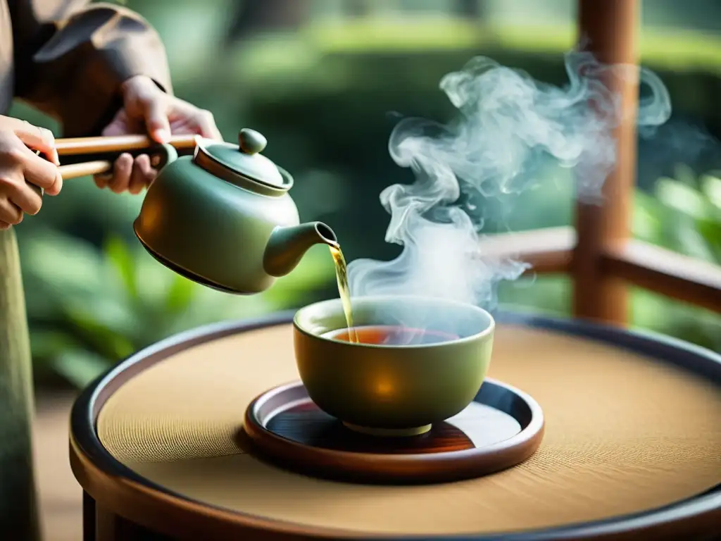 Una tranquila ceremonia del té chino, con movimientos delicados y un ambiente sereno, exudando arte y tradición