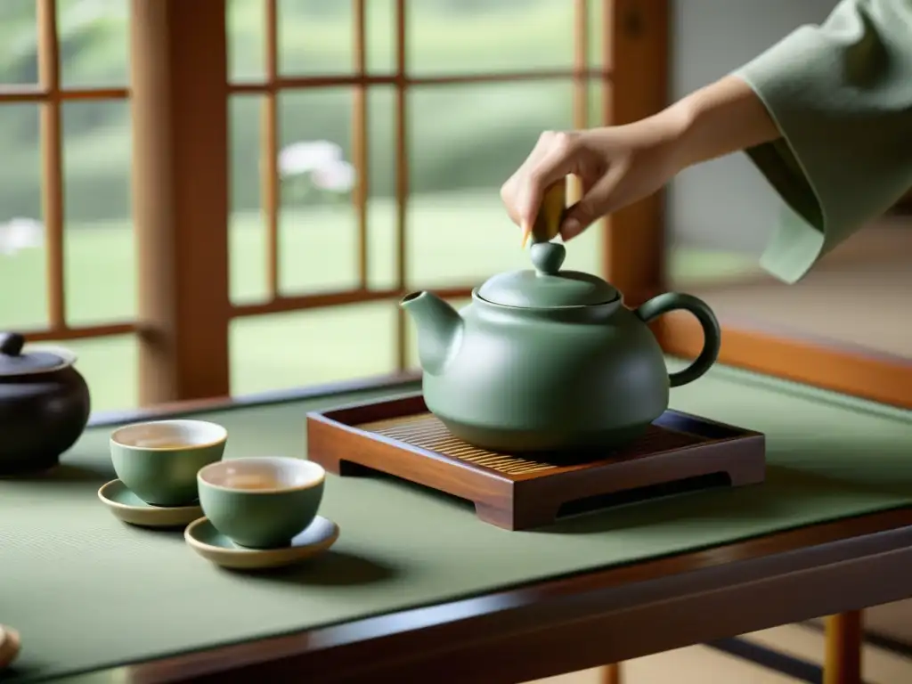 Una tranquila ceremonia del té coreano tradicional en una minimalista habitación, con delicadas piezas de porcelana y un maestro sirviendo té verde