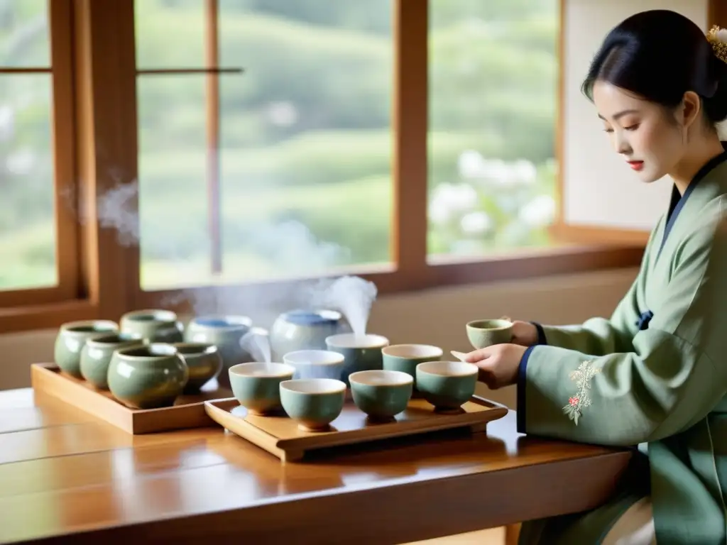 Una tranquila ceremonia del té coreano tradicional, con un maestro sirviendo té en un ambiente sereno y elegante