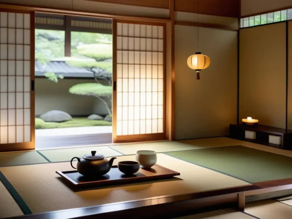 Una tranquila ceremonia del té en un elegante salón japonés, evocando serenidad y reducción del estrés moderno