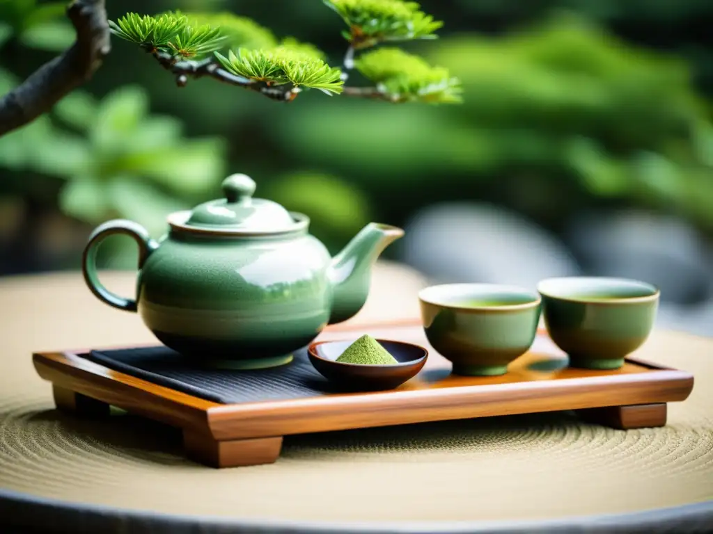 Una tranquila ceremonia del té japonés en un jardín, con detalles del set de té y un bonsái, evocando la riqueza cultural