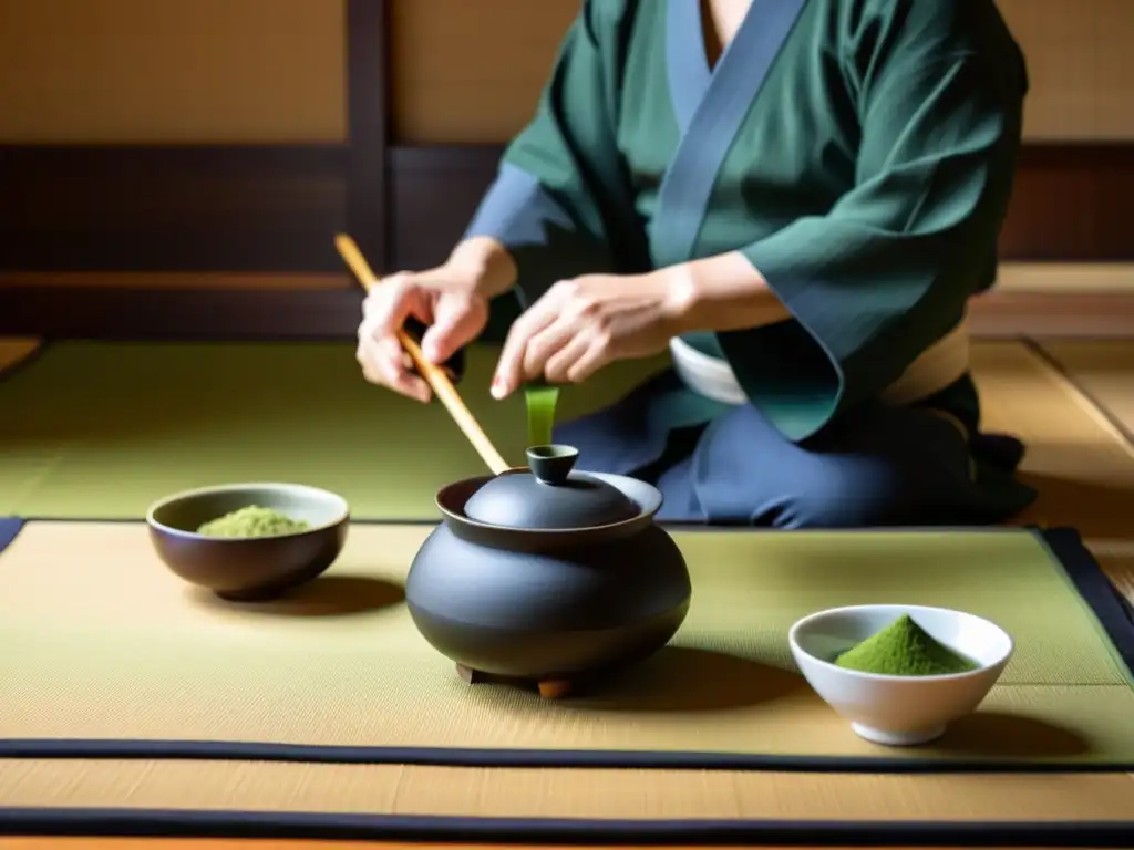 Una tranquila ceremonia del té japonés en un minimalista tatami