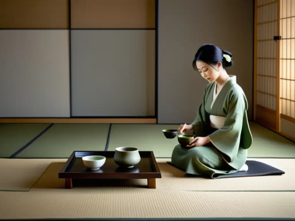 Una tranquila ceremonia del té japonesa en una habitación minimalista con decoración elegante, capturando la esencia del minimalismo japonés diseño moda occidental