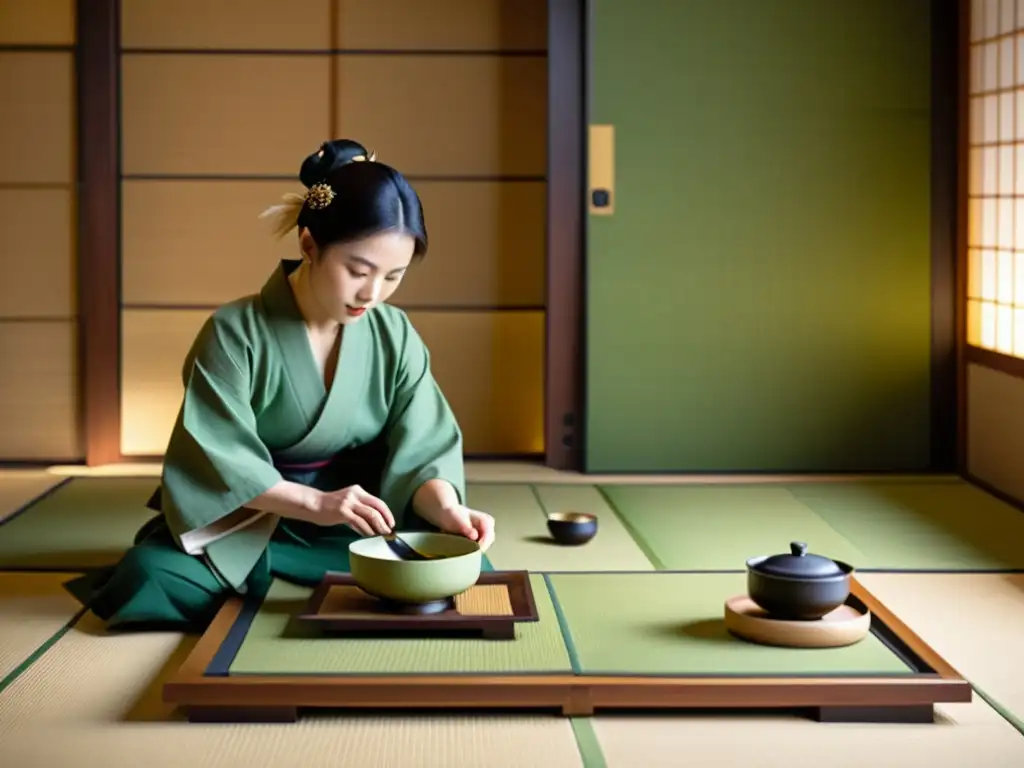 Una tranquila ceremonia del té en Asia, con un maestro del té preparando matcha en una hermosa habitación de tatami