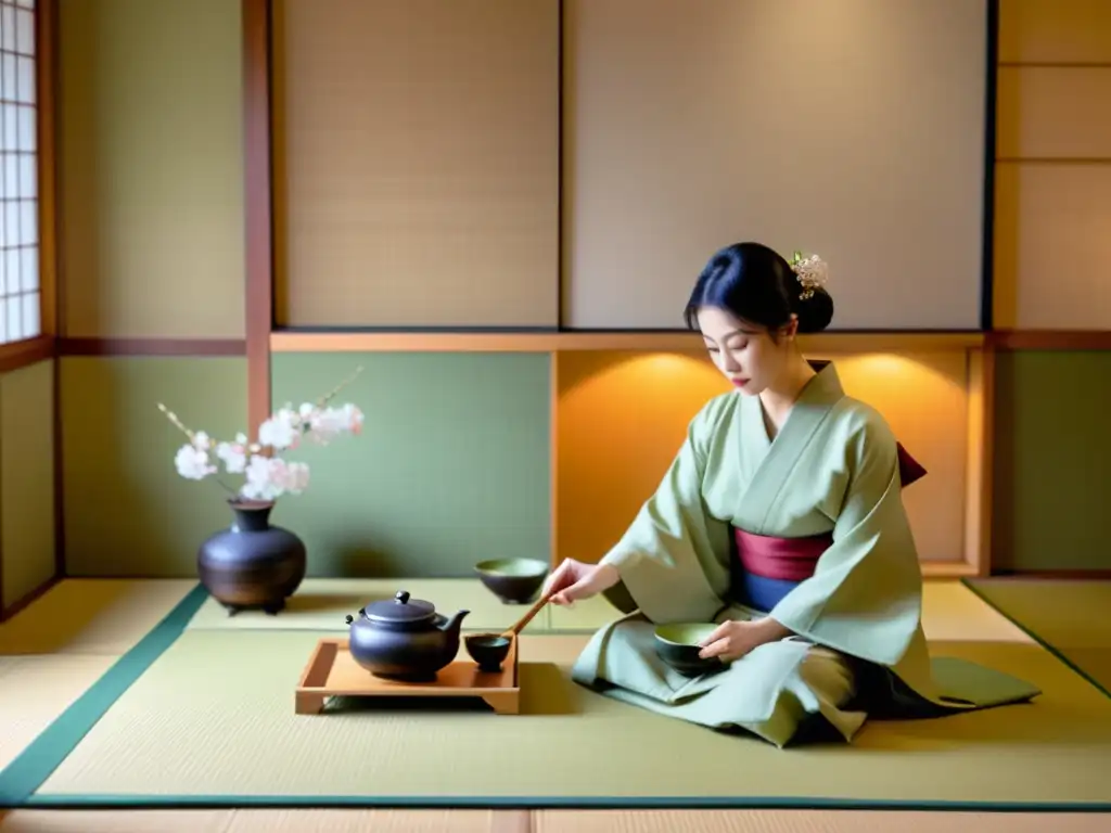 Una tranquila ceremonia del té en una sala tatami en Kyoto, con detalles de la cultura japonesa tradicional en Kyoto