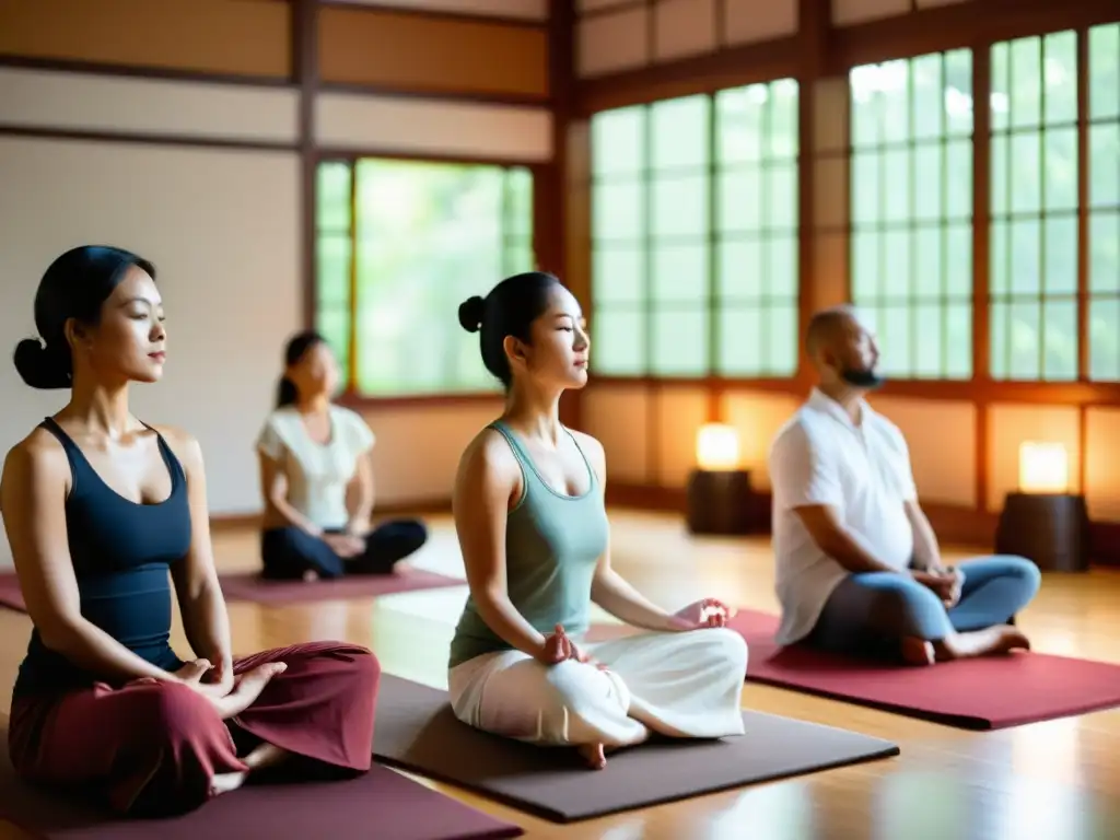 Una tranquila sesión de meditación guiada en un salón asiático, bañado por suave luz natural, invita a la sanación profunda