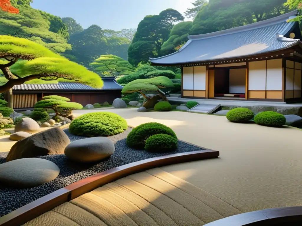 Un jardín Zen tranquilo y armonioso, rodeado de naturaleza exuberante y un templo japonés al fondo