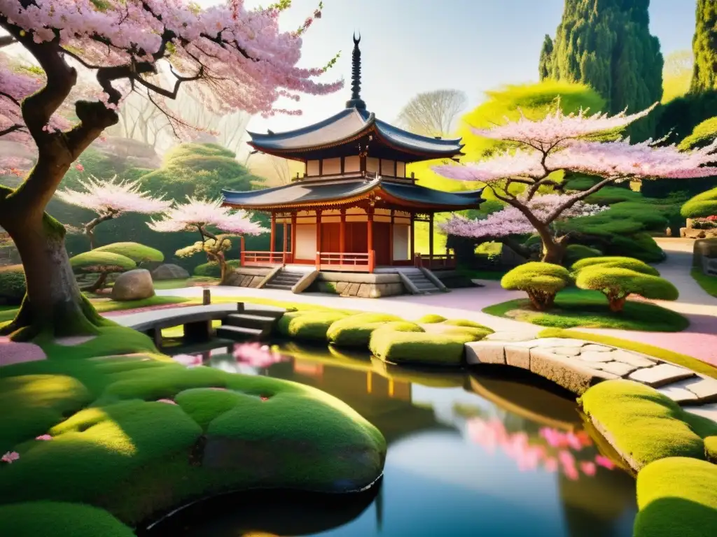 Jardín Asiático Antiguo con Cerezos en Flor Tranquilo jardín asiático con cerezos en flor y poeta en 'Poetisas olvidadas de Asia'