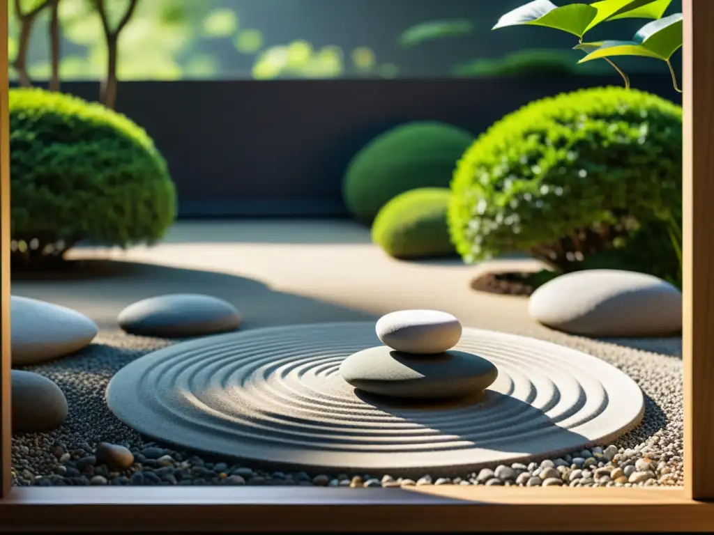 Tranquilo jardín Zen en blanco y negro, equilibrio y serenidad, Enseñanza Koans Zen filosofía asiática