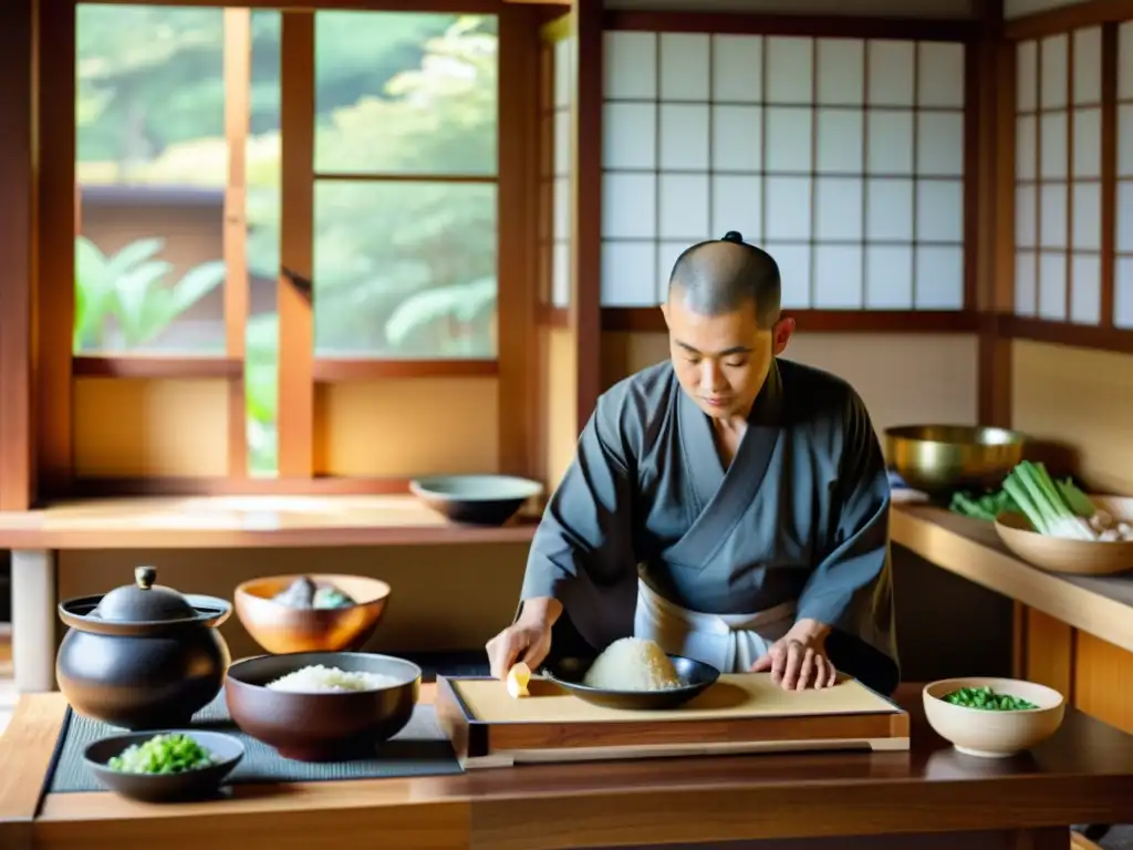 Un tranquilo rincón de cocina en un templo japonés, con ingredientes frescos y un monje cocinando