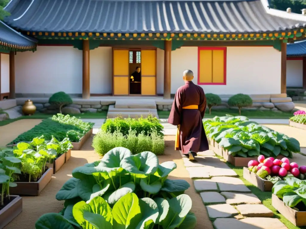 Un tranquilo jardín monástico coreano iluminado por la suave luz del sol, donde los monjes cuidan de un vibrante huerto de vegetales