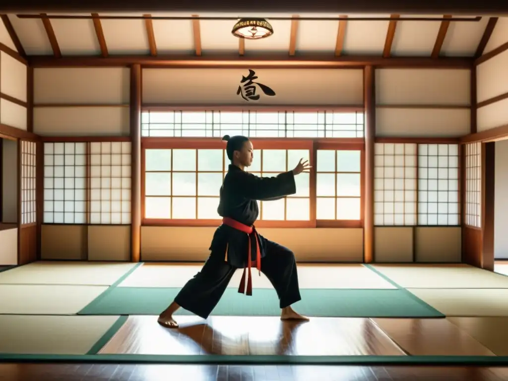 Práctica de Tai Chi en un tranquilo dojo, con luz natural y armas tradicionales