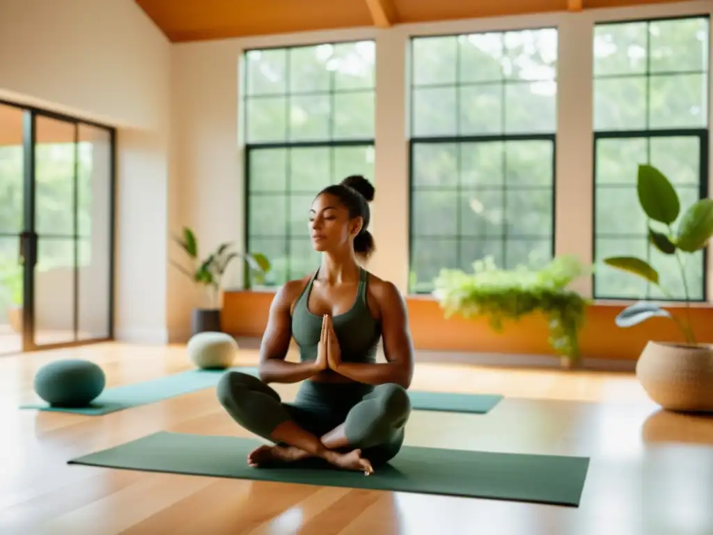 Un tranquilo estudio de yoga con decoración minimalista, personas practicando diferentes posturas de yoga