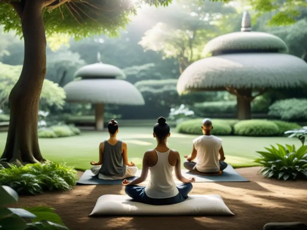 Un jardín tranquilo donde un grupo practica meditación Zen, creando paz y serenidad