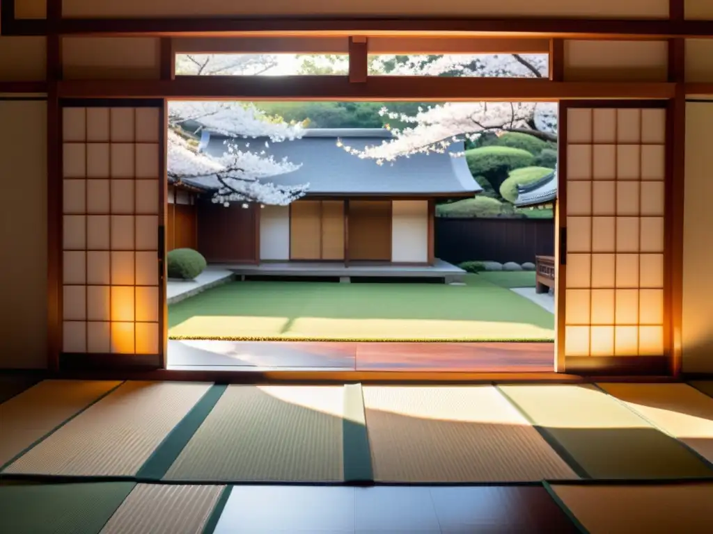 Un rincón tranquilo de un jardín japonés con una casa de té de madera, decoración minimalista y aromas inspiradores arte japonés