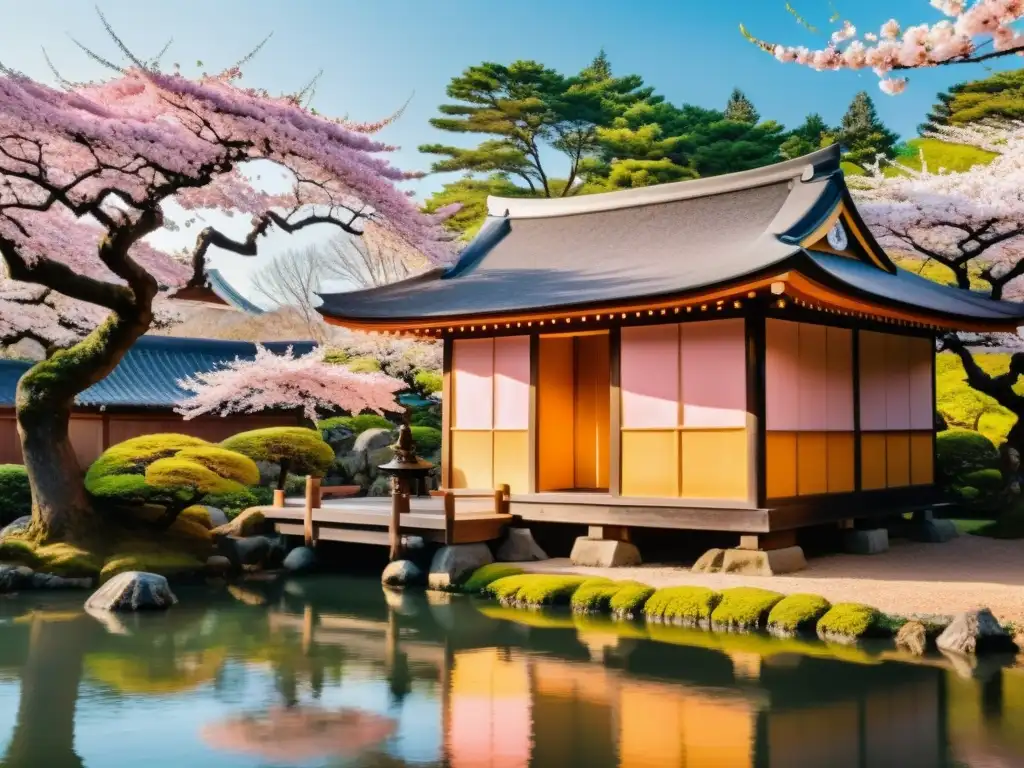 Teahouse japonés entre cerezos en flor: lectura y belleza serena Un tranquilo jardín japonés con estudiantes leyendo 'El nombre del viento'