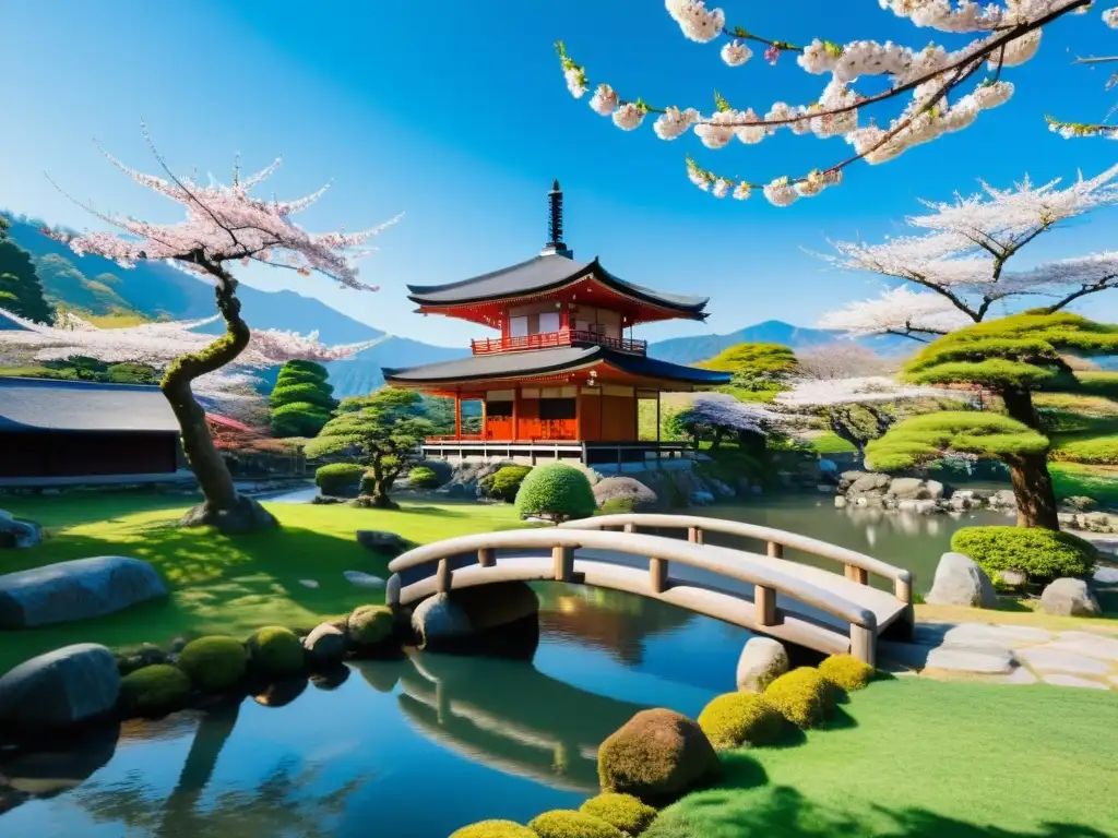 Tranquilo jardín japonés con farol de piedra y cerezos en flor