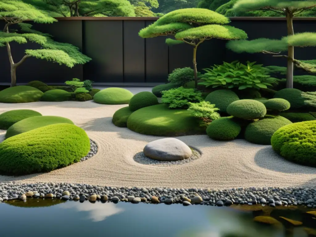 Tranquilo jardín zen japonés, con rocas y grava, rodeado de vegetación, reflejado en un estanque