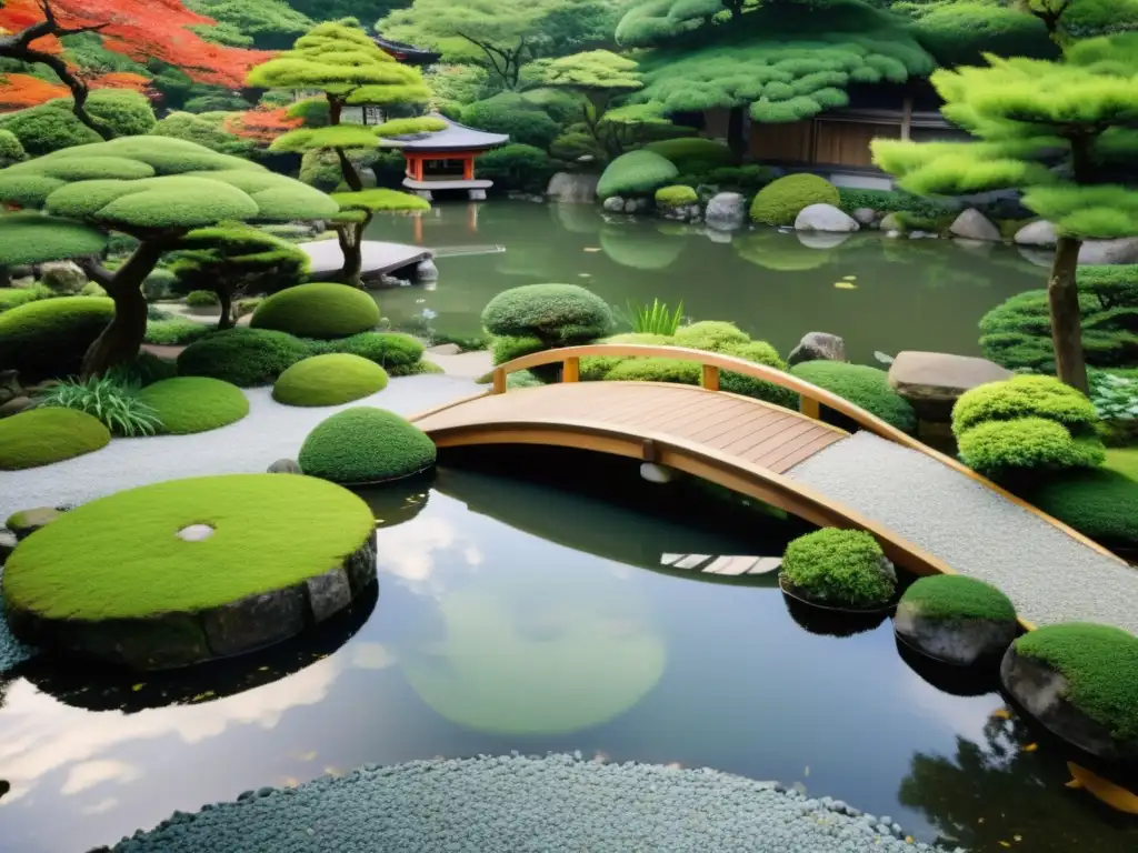 Tranquilo jardín zen japonés con koi nadando