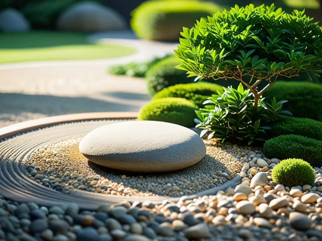 Un jardín Zen tranquilo y minimalista con grava cuidadosamente rastrillada, rocas y vegetación