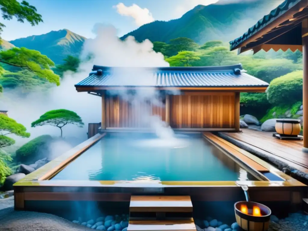 Un tranquilo onsen japonés con geles de baño japoneses transformación ducha, rodeado de exuberante vegetación y bruma en las montañas