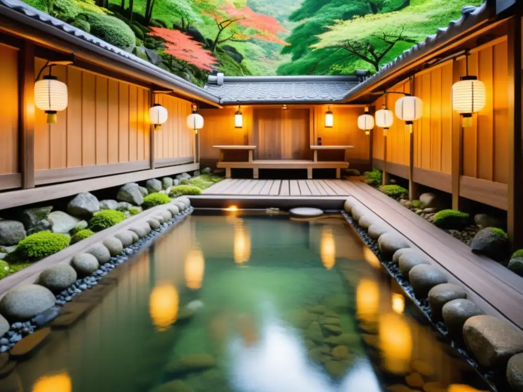 Un tranquilo onsen japonés en Kyoto, rodeado de naturaleza exuberante y lujo