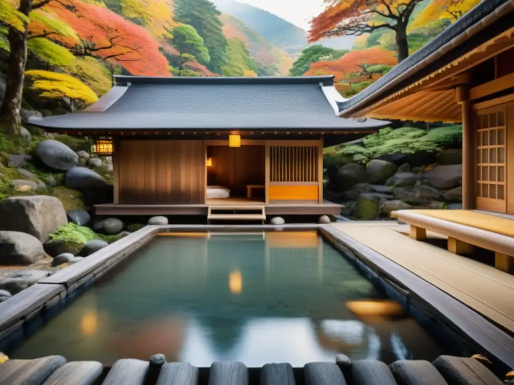 Un tranquilo onsen japonés rodeado de montañas y árboles de otoño, con vapor de aguas termales