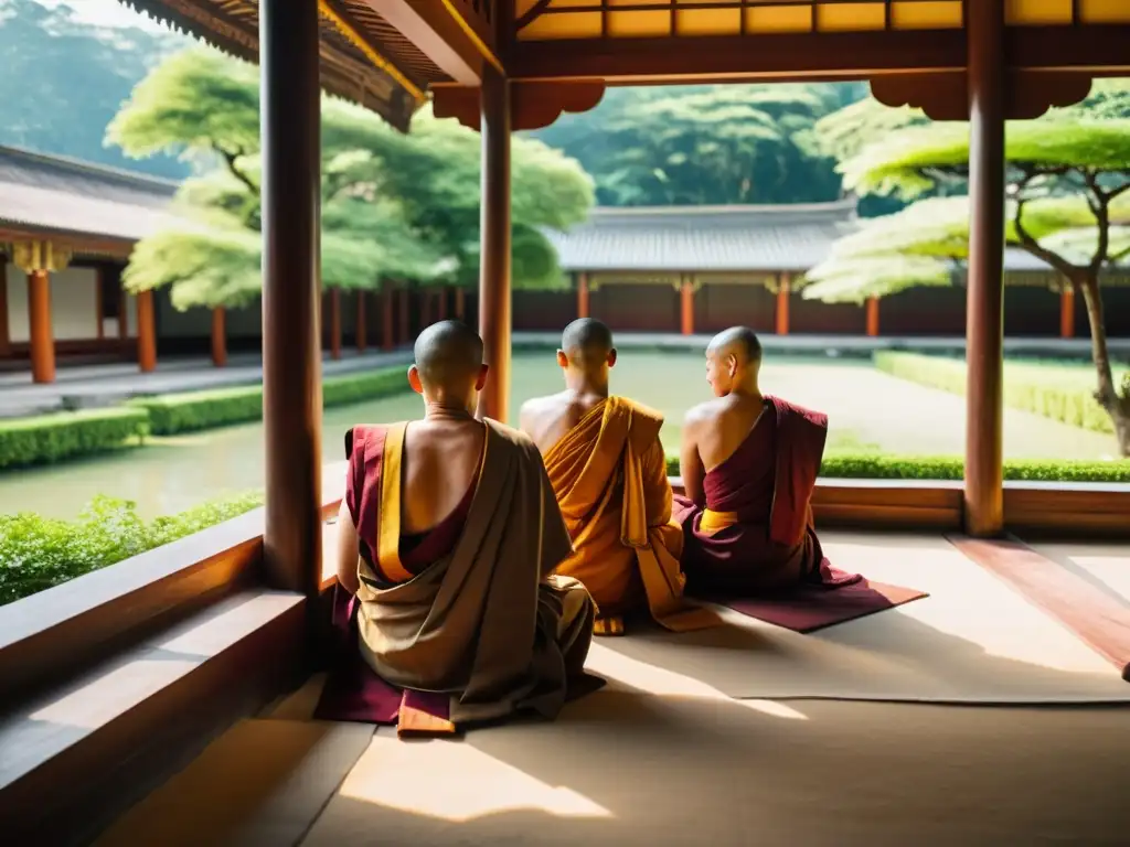 Un tranquilo patio de monasterio con monjes budistas en una profunda discusión rodeados de vegetación exuberante y arquitectura ornamental