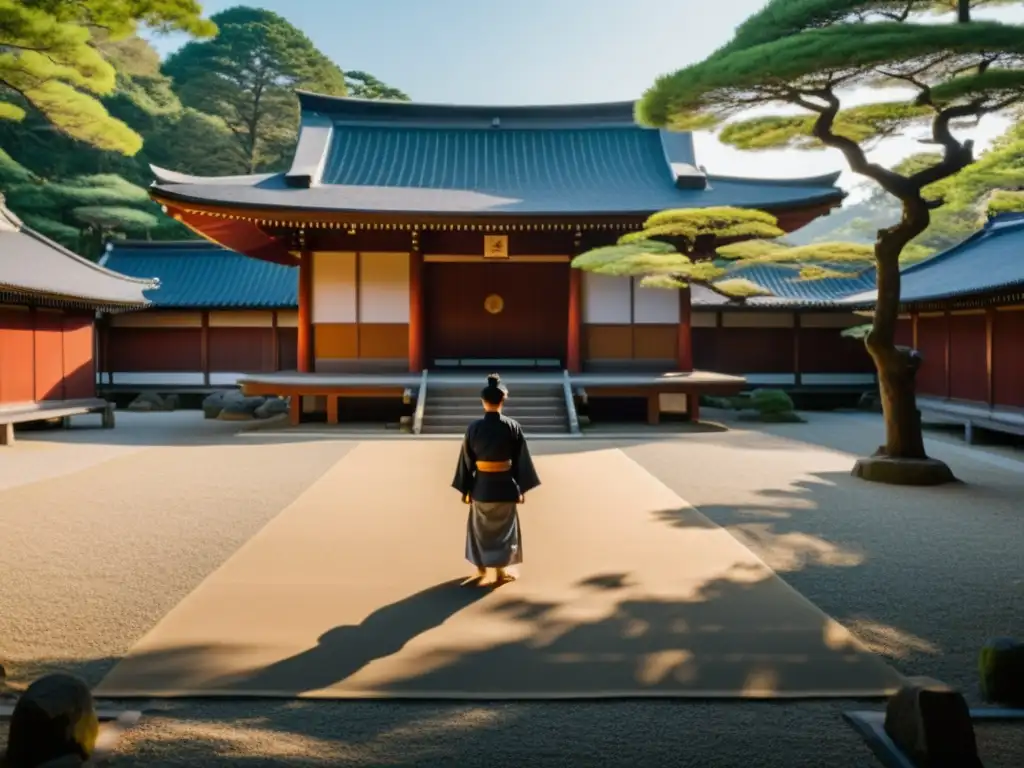 Un tranquilo patio de templo japonés con un camino de piedra, filtrando luz solar entre los árboles