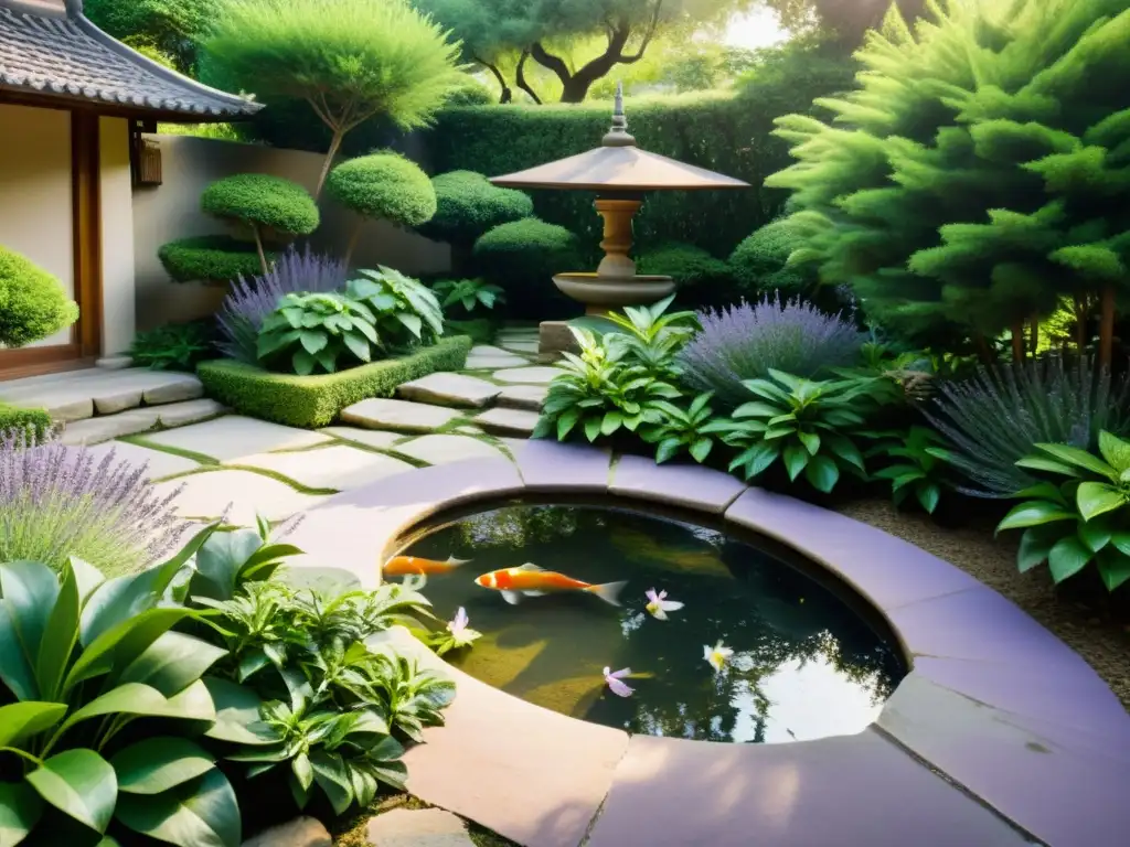 Jardín oriental tranquilo con plantas aromáticas, cascada y estanque de peces koi