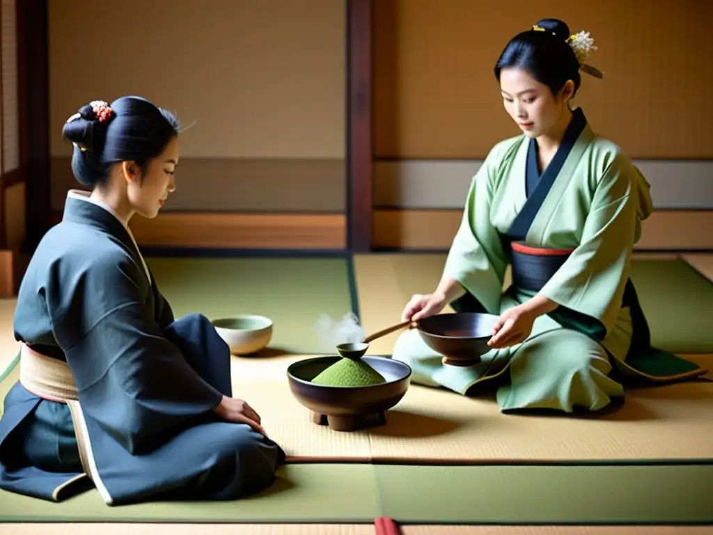 Un tranquilo ritual del té en Japón, con maestro sirviendo matcha a samuráis en una sala de tatami, transmitiendo serenidad y tradición