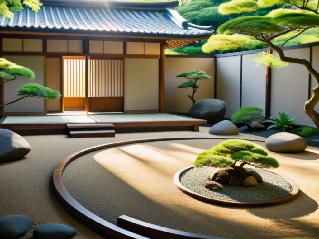 Un jardín Zen tranquilo con rocas, grava y vegetación, bañado por la luz del sol