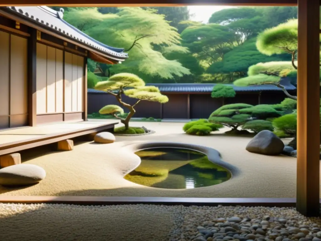 Un jardín Zen tranquilo con rocas, grava, un estanque y una estructura japonesa, inspirando liderazgo educativo inspirado en el Zen