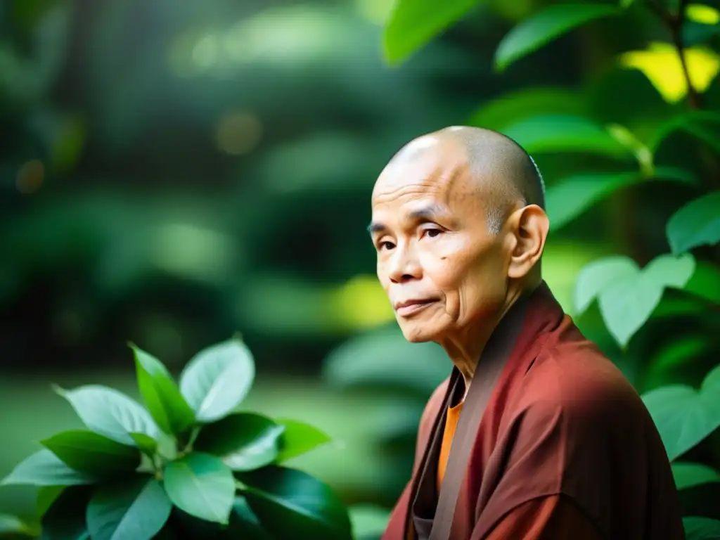 Thich Nhat Hanh medita en un jardín tranquilo, rodeado de exuberante vegetación