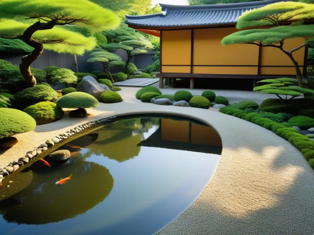 Un jardín zen tranquilo y sereno con un teahouse japonés, sendero de piedra y peces koi