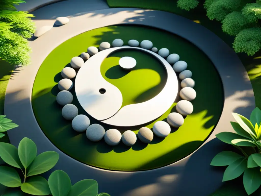 Un jardín tranquilo con el símbolo del yinyang formado por piedras, rodeado de exuberante vegetación y un estanque sereno