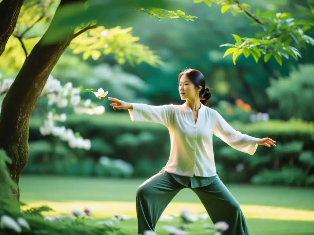 Práctica de Tai Chi en jardín tranquilo, reflejando técnicas asiáticas de respiración para salud