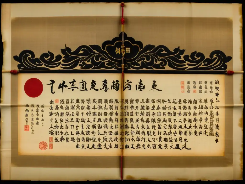 Un tratado de la dinastía Qing con caligrafía detallada y sellos oficiales, iluminado suavemente en un museo