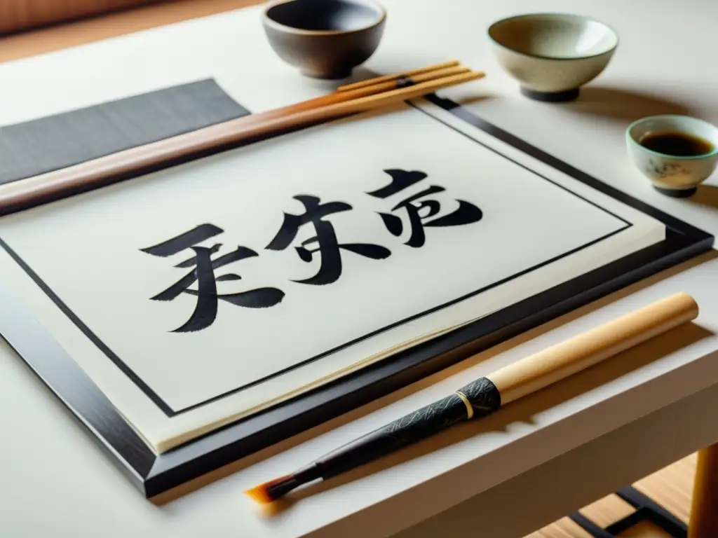 Práctica de mindfulness a través de la caligrafía zen: Detalle de set de caligrafía japonesa en mesa blanca, iluminado por luz natural