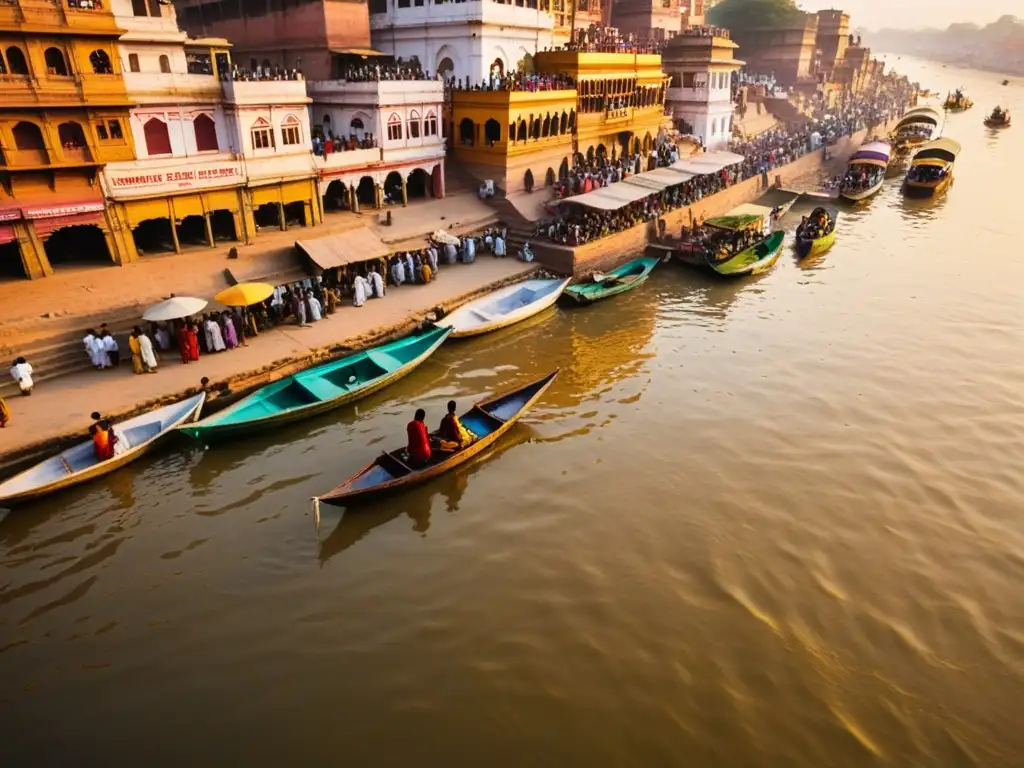 El río Ganges fluye a través de Varanasi, India, reflejando la influencia de los textos sagrados en la vida diaria