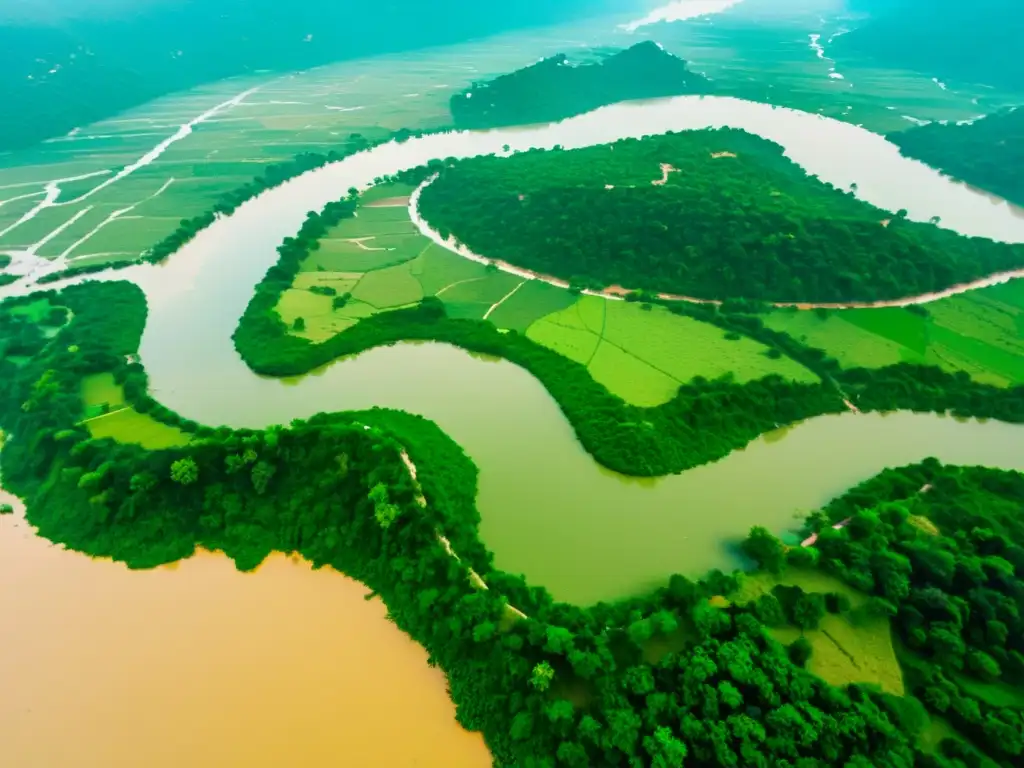 El río Ganges serpentea a través del paisaje indio, reflejando la espiritualidad y serenidad