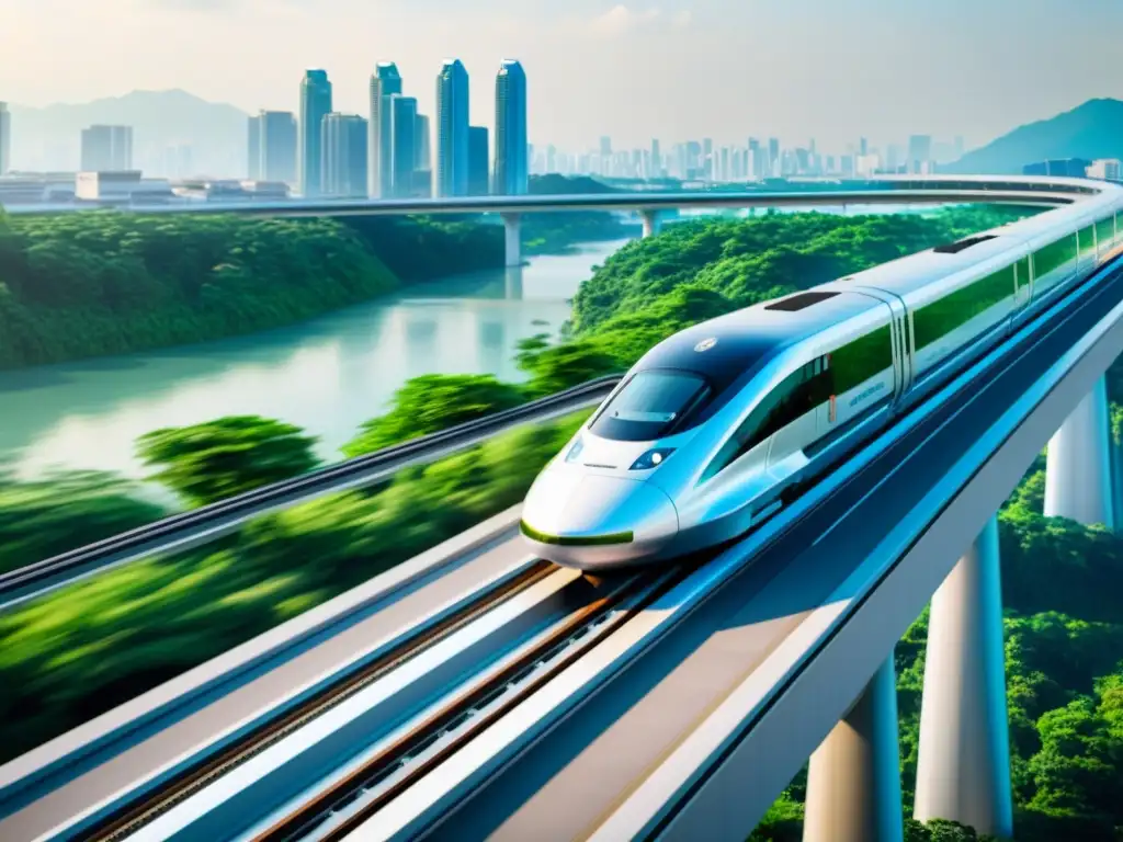 Un tren Maglev japonés de diseño futurista, recorriendo la ciudad a gran velocidad