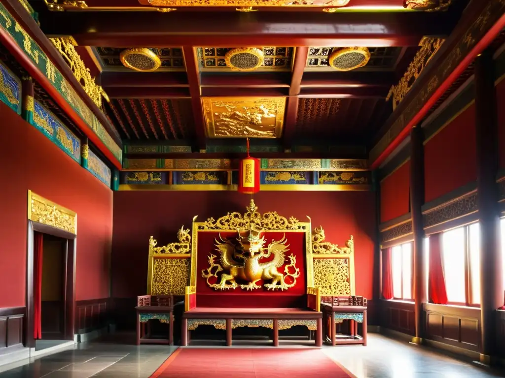 Trono dorado rodeado por emperatrices poderosas en la historia china, en la majestuosa Ciudad Prohibida de Beijing