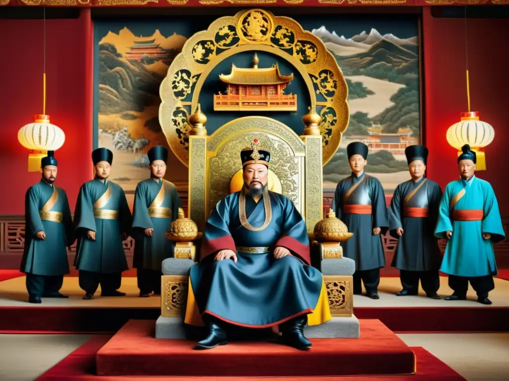 Kublai Khan en su trono en el palacio de la dinastía Yuan, rodeado de consejeros y cortesanos, ilustra la Conquista de los mongoles en China