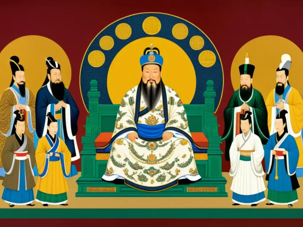 Kublai Khan en su trono rodeado de cortesanos en la opulenta dinastía Yuan, transmitiendo poder y grandeza en la historia China cultura