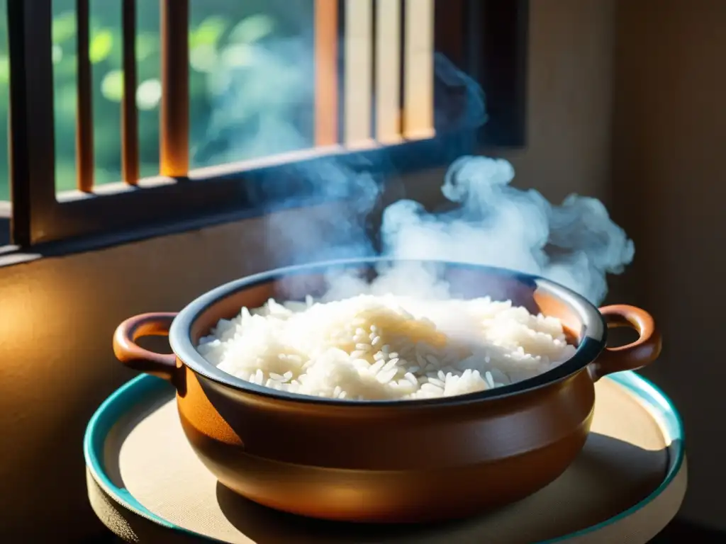 Un ttukbaegi coreano con arroz recién cocido y nurungji dorado, bañado por luz cálida