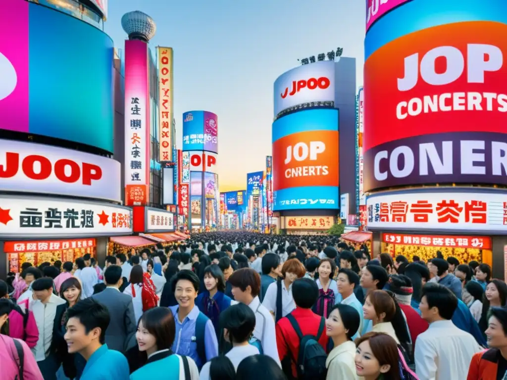 Turismo cultural en Japón con JPop: Calle abarrotada de Tokio con vistosos carteles promocionando conciertos de JPop y multitud de fans animados